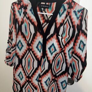 My Michelle Women's Vibrant Geometric Blouse - Black, White, Orange, Blue